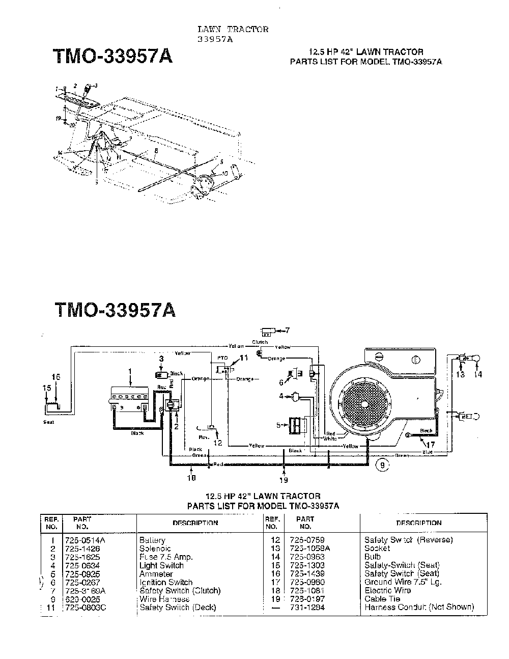12.5 hp 42" wiring Diagram and Parts List for 33944A  MTD Lawn Tractor