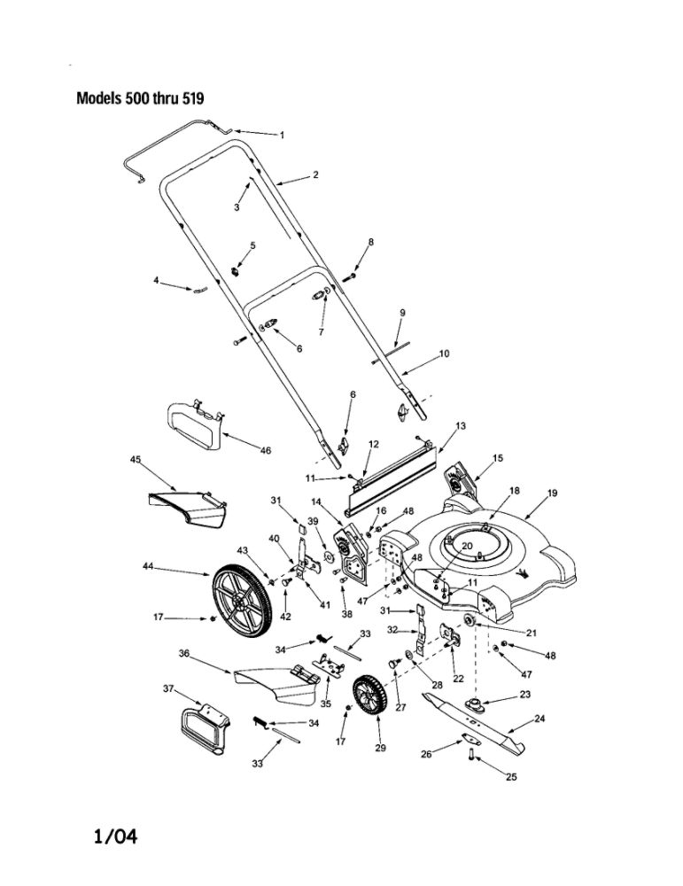 Housing/Handle/Wheels/Chute/Blade Diagram and Parts List for 500 THRU 519 MTD Lawn Mower