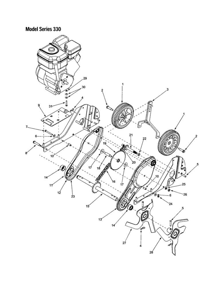 Sprocket/Shaft/Chain/Wheels 2 Diagram and Parts List for 330  MTD Tiller