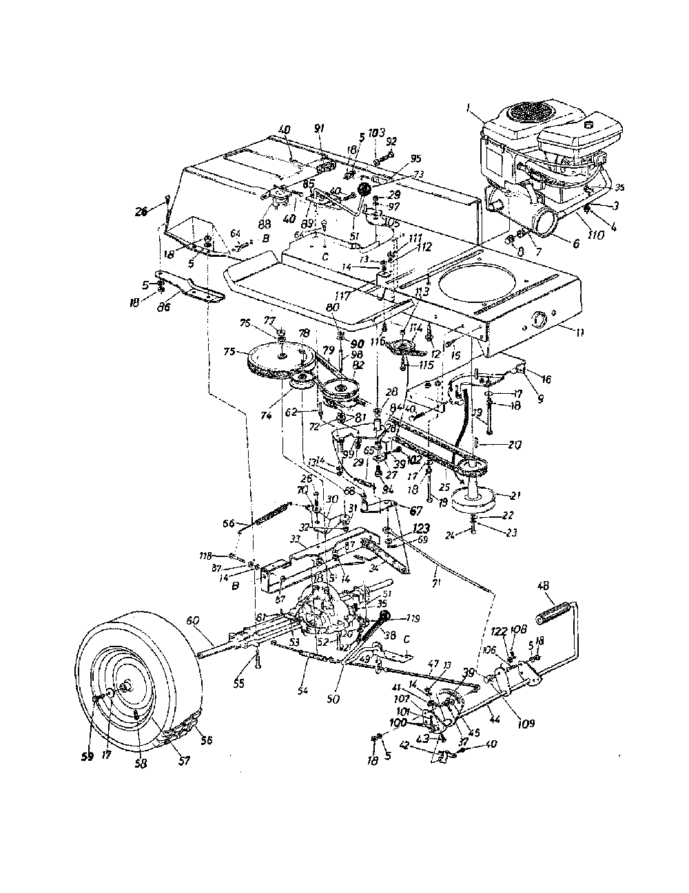 Engine/lower frame Diagram and Parts List for 33931A  MTD Lawn Tractor