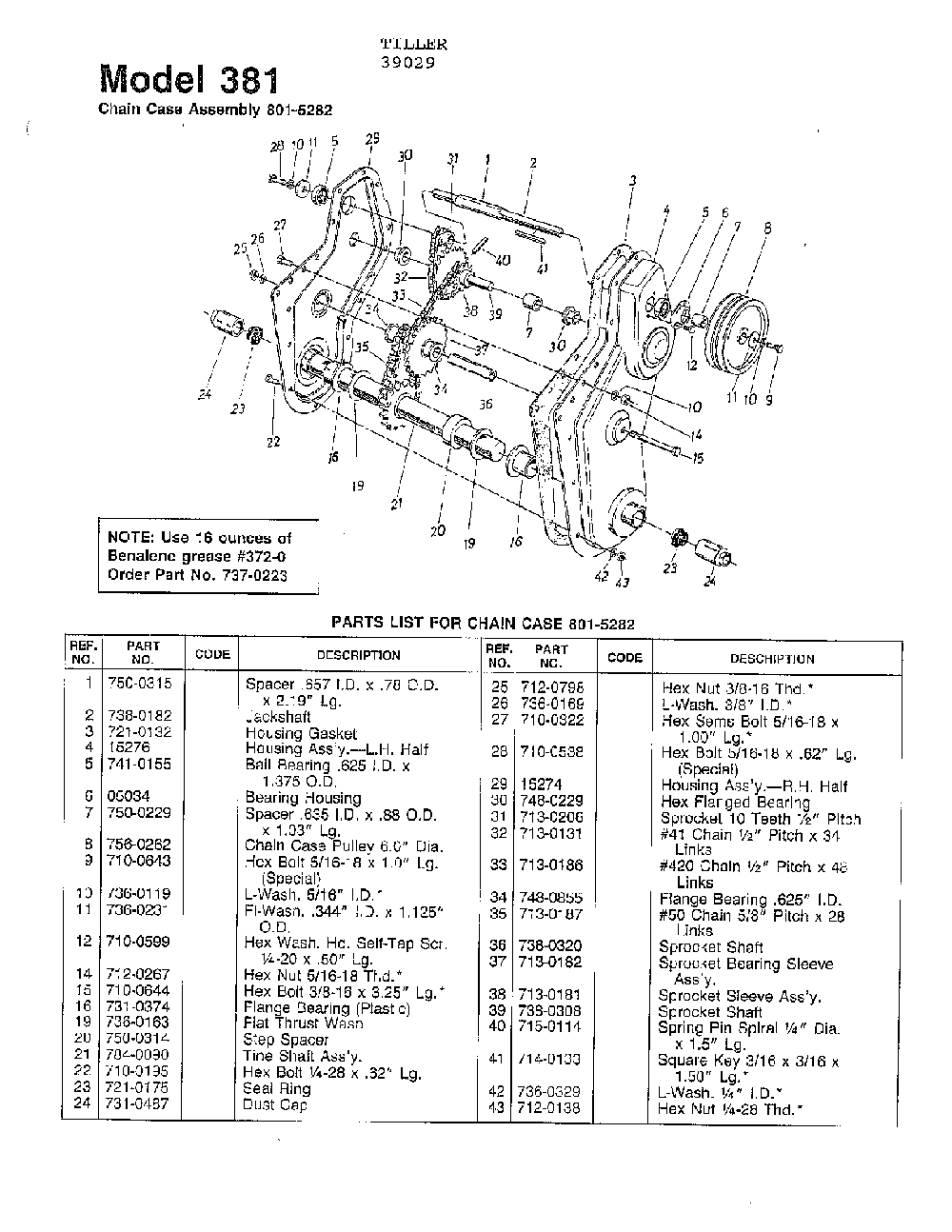 Chain case assembly Diagram and Parts List for 39029  MTD Tiller
