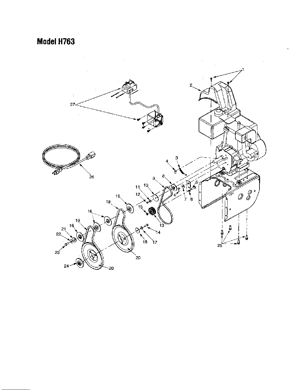 V-belt/auger pulley Diagram and Parts List for H763  MTD Snow Blower
