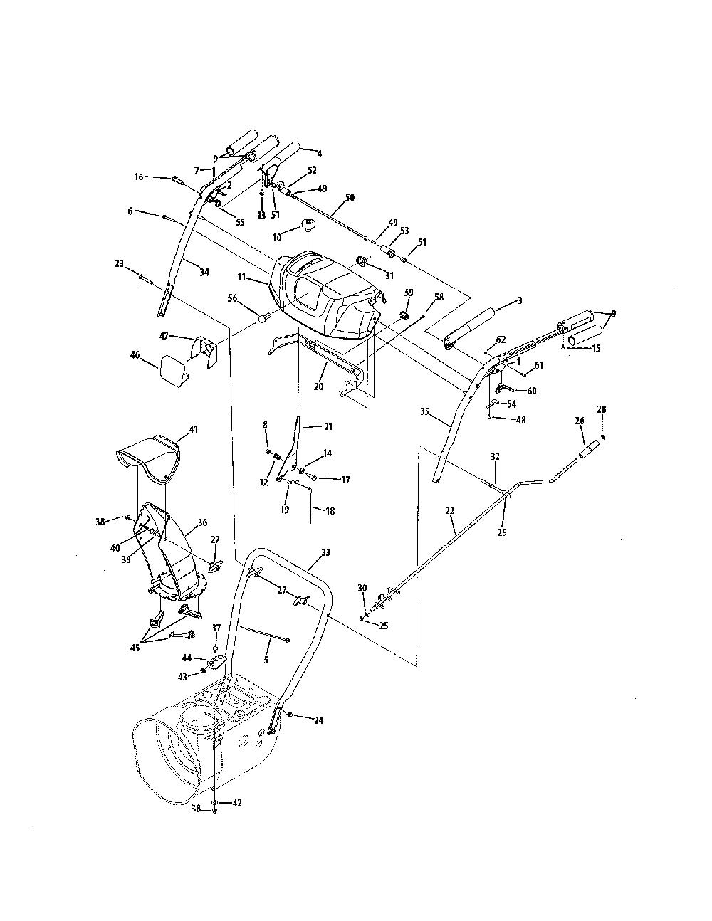 H-style handle/frame/disharge chute Diagram and Parts List for 31BS6FEG731  MTD Snow Blower