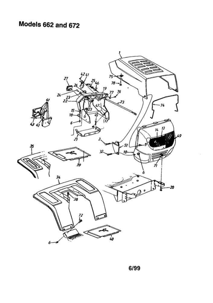 Grille/ Hood And Fender Diagram and Parts List for 662  MTD Lawn Tractor