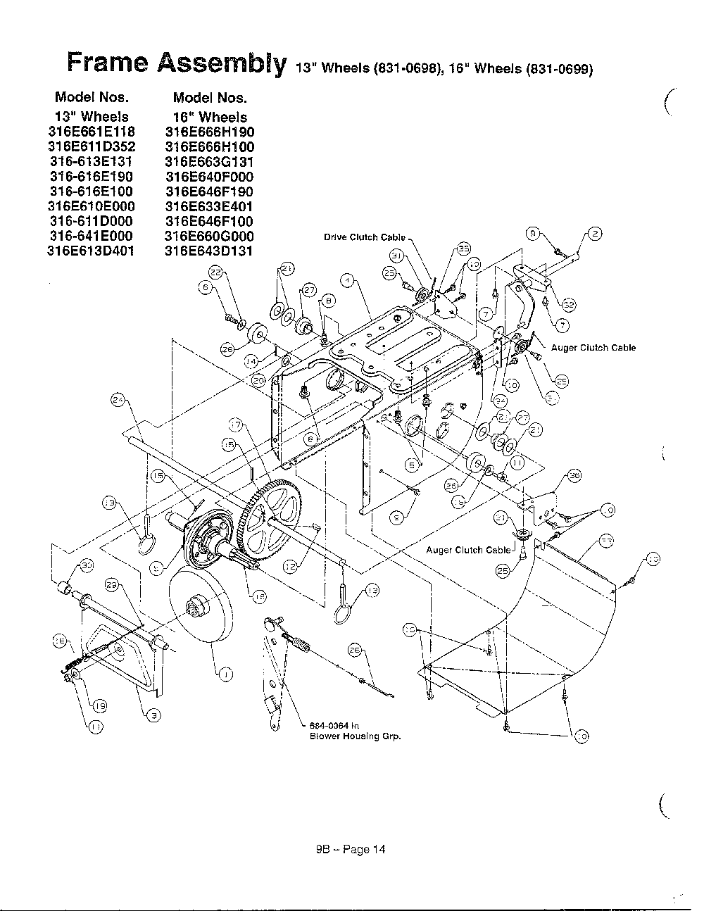 Frame Diagram and Parts List for 3525302  MTD Snow Blower