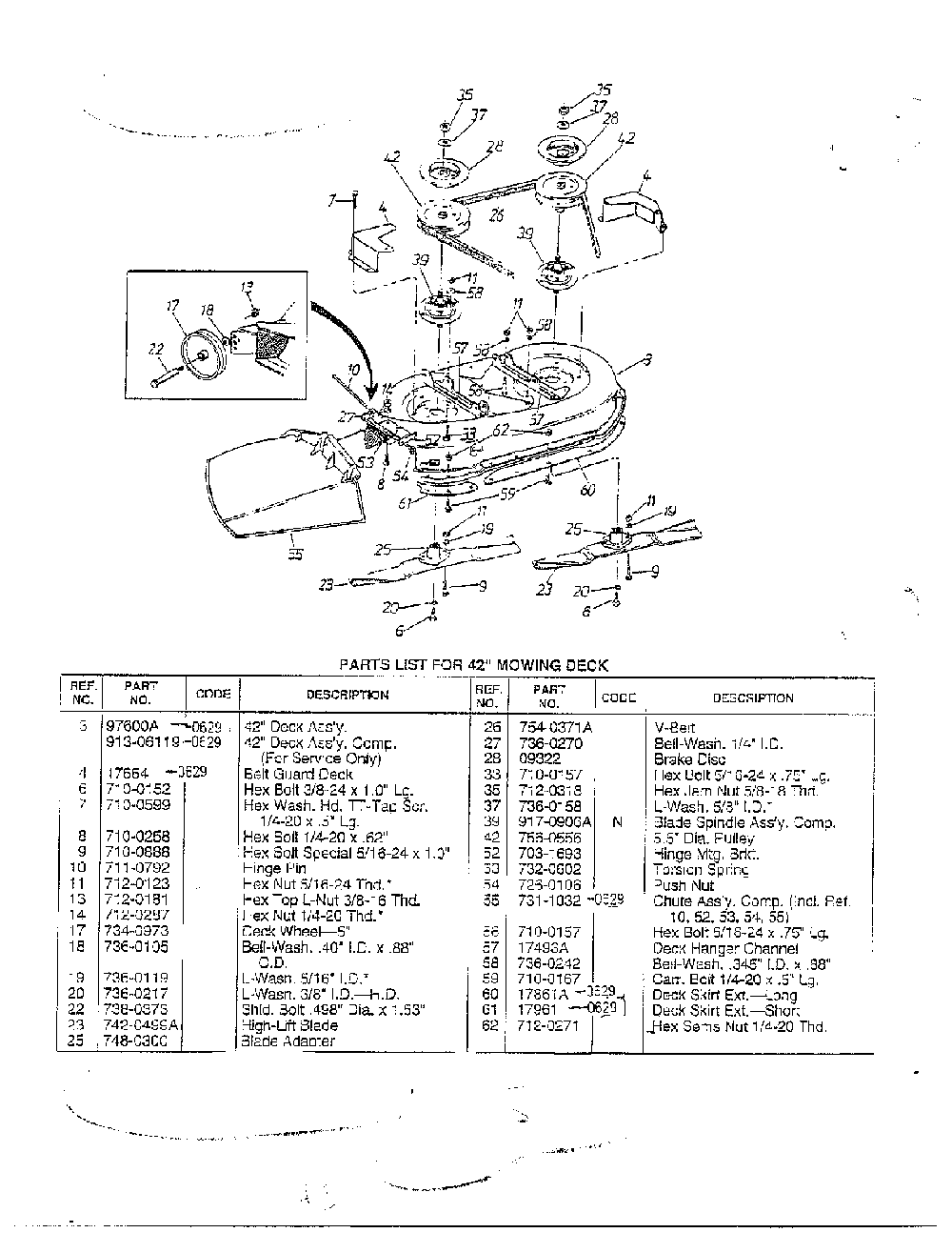 42" mowing deck Diagram and Parts List for 3214608  MTD Lawn Tractor