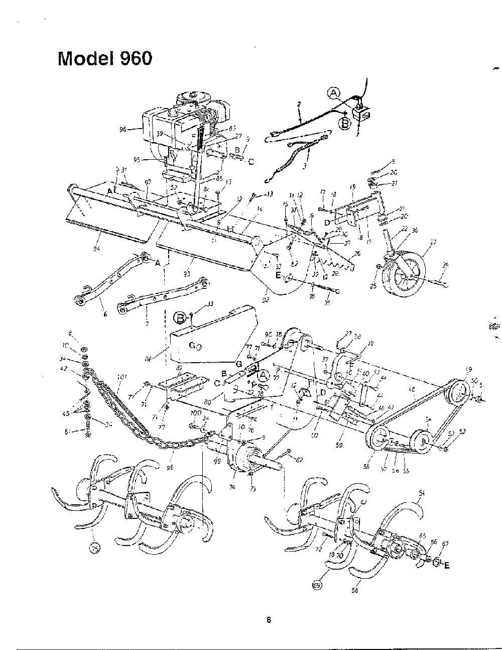 Tiller/belt/chain/tine Diagram and Parts List for 190-960  MTD Tiller