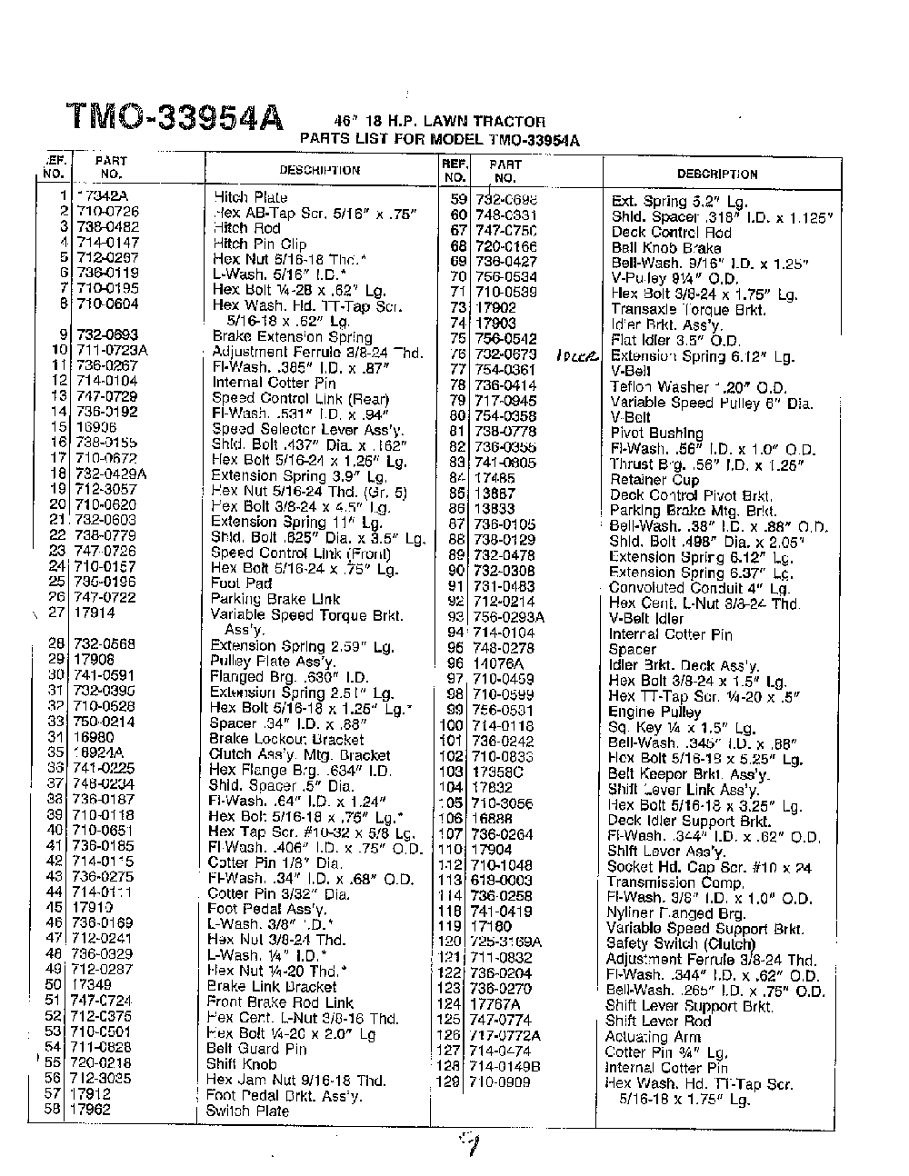 46" 18hp lawn tractor page 7 Diagram and Parts List for 33954A  MTD Lawn Tractor