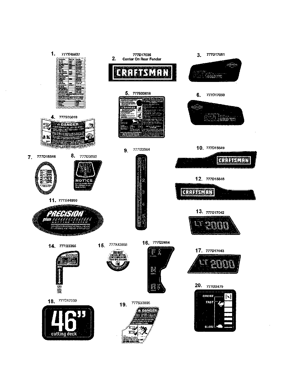 Decals Diagram and Parts List for 13AL78ST099  MTD Lawn Tractor