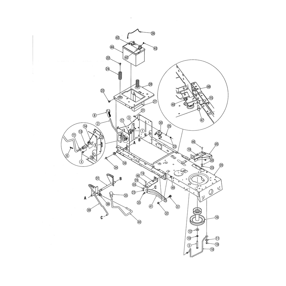 Battery/Frame Diagram and Parts List for 13AH762F752  MTD Lawn Tractor