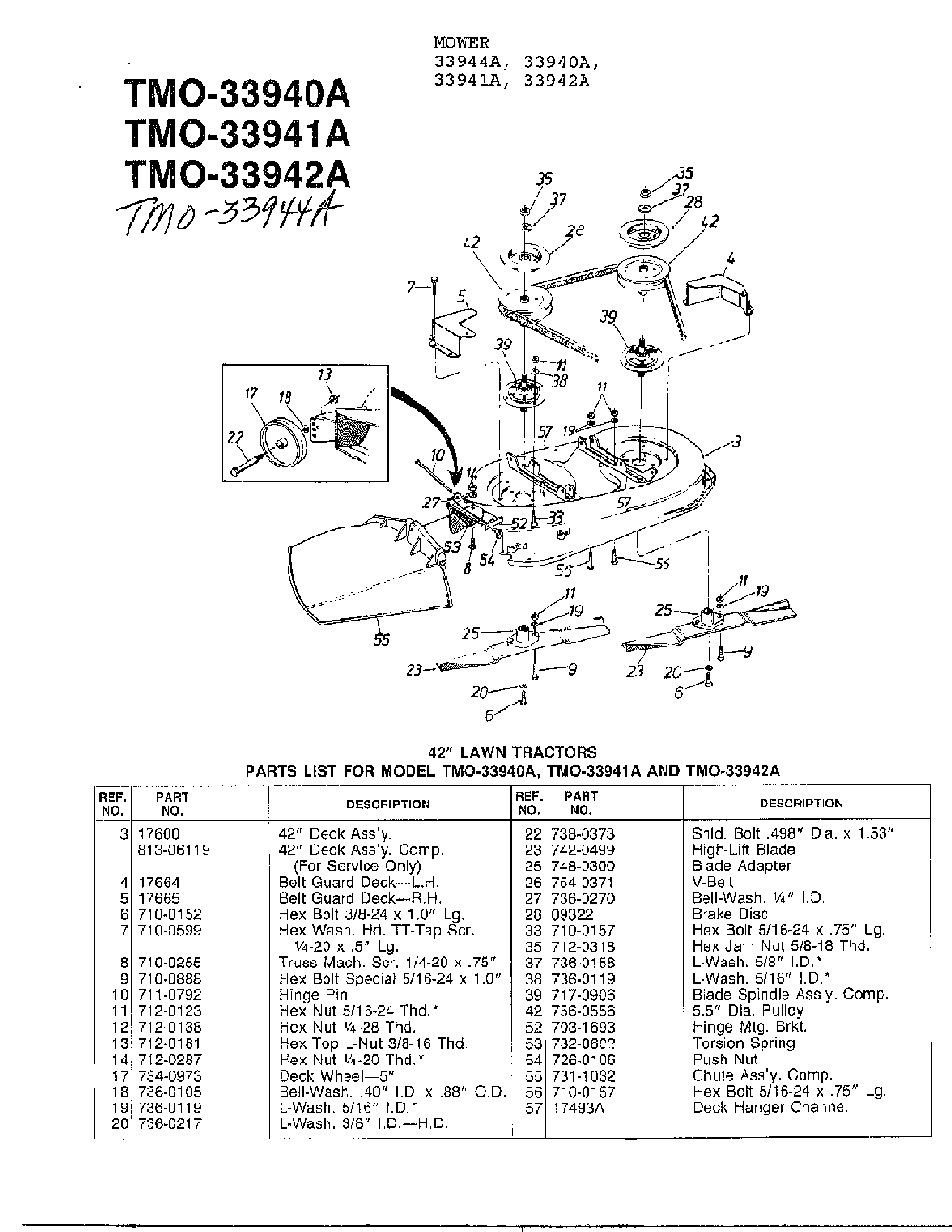 42" lawn tractors Diagram and Parts List for 33942A  MTD Lawn Tractor