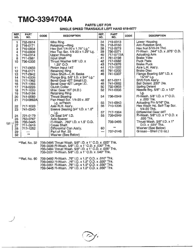 Single Speed Transaxle 2 Diagram and Parts List for 3394704A  MTD Lawn Tractor