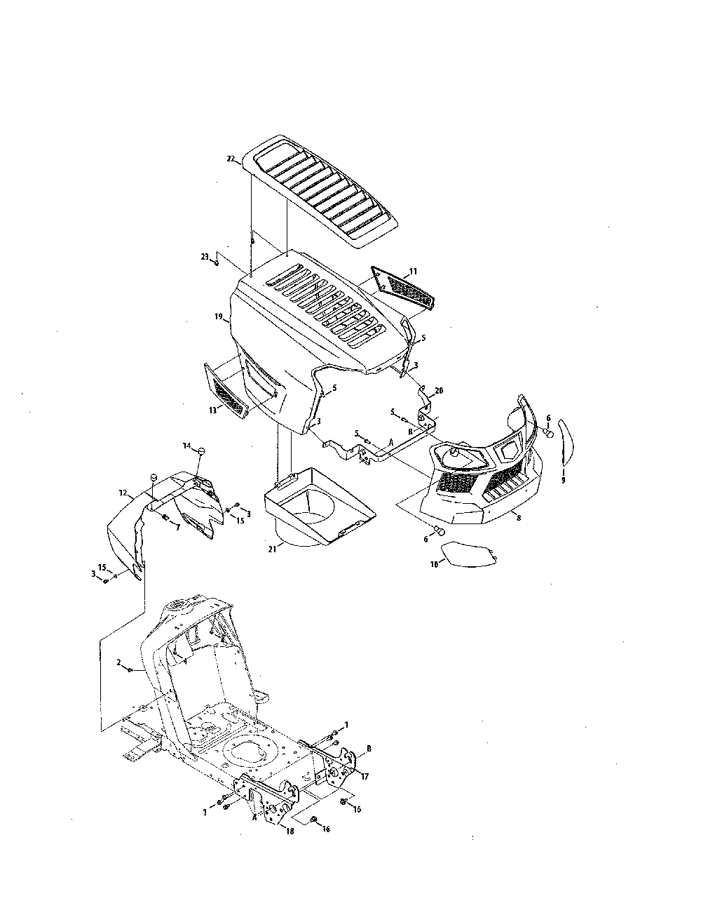 Hood/grill/plenum Diagram and Parts List for 13AL79XT099  MTD Lawn Tractor