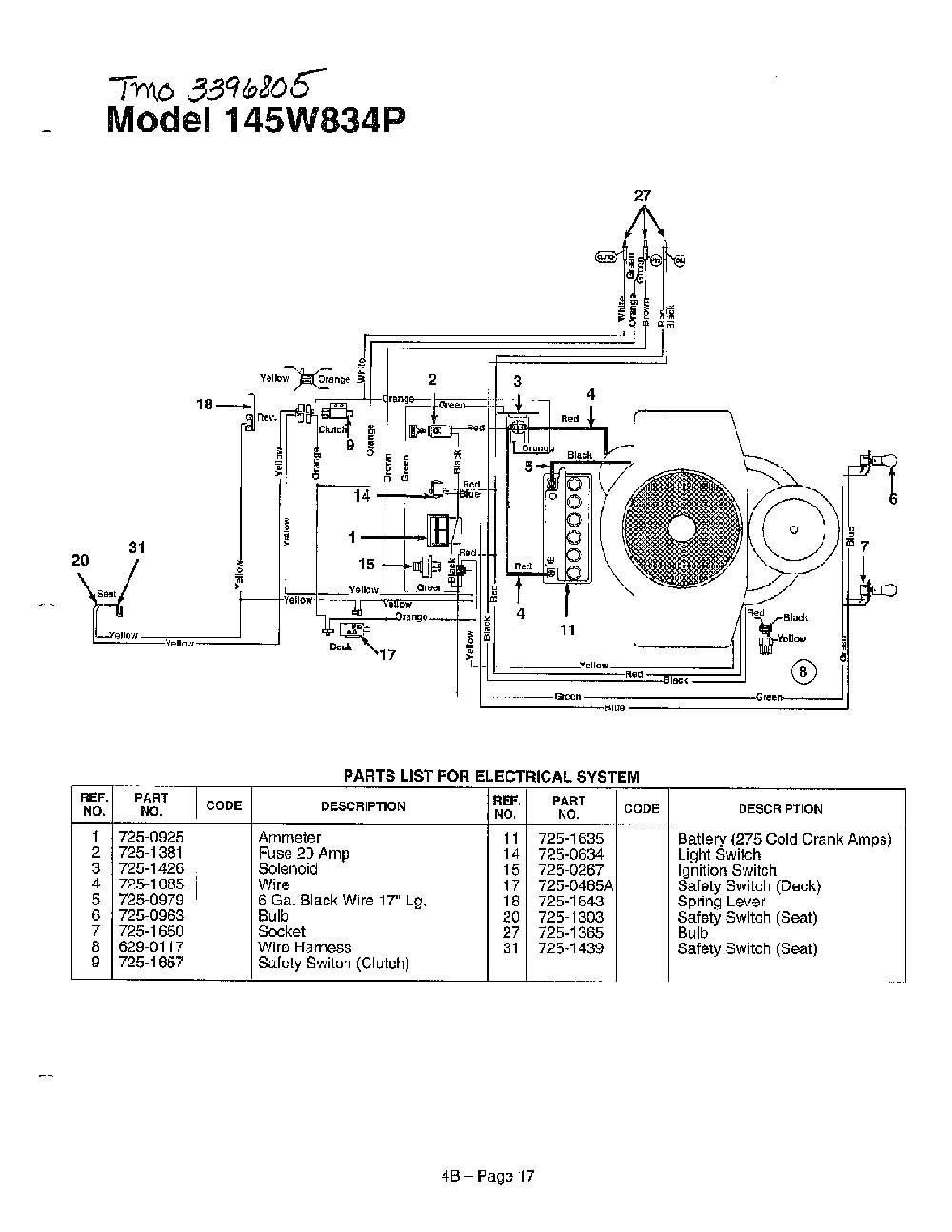 Electrical system page 2 Diagram and Parts List for 145W834P401  MTD Lawn Tractor