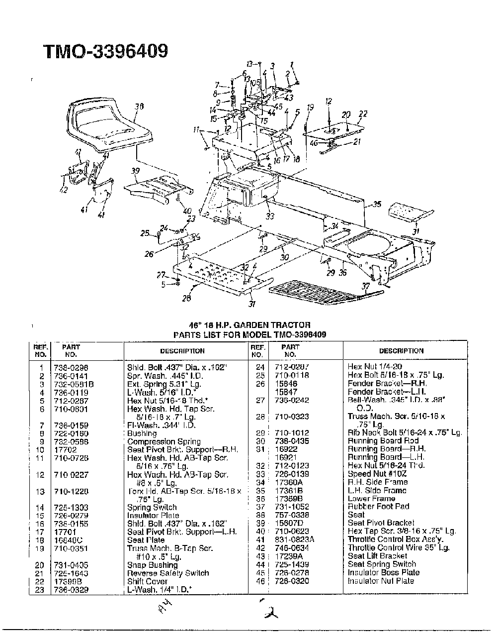 46" 18hp garden tractor Diagram and Parts List for 3396409  MTD Lawn Tractor