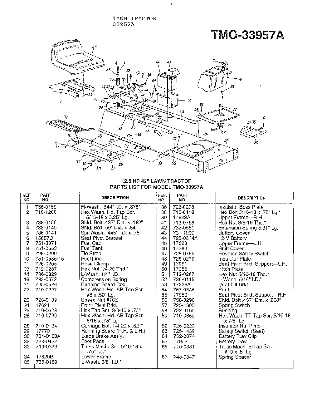 12.5 hp 42" lawn tractor Diagram and Parts List for 33944A  MTD Lawn Tractor