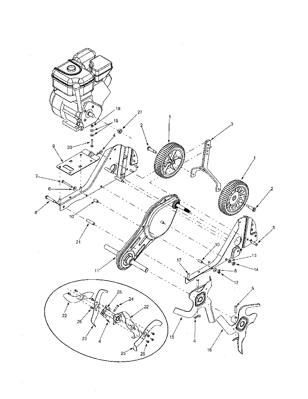 Tine assembly/wheels Diagram and Parts List for 21A-332C731  MTD Tiller