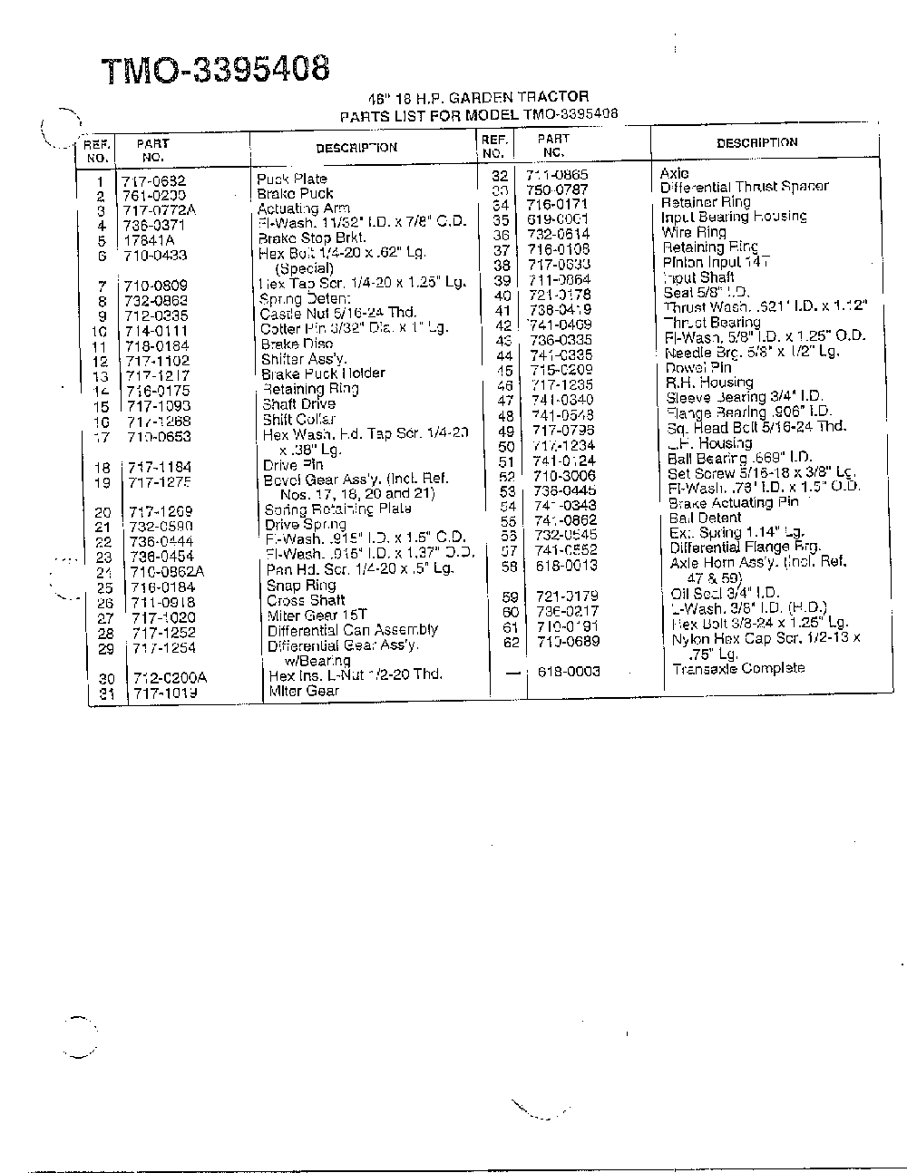 46" 18 hp garden tractor Diagram and Parts List for 3395408  MTD Lawn Tractor