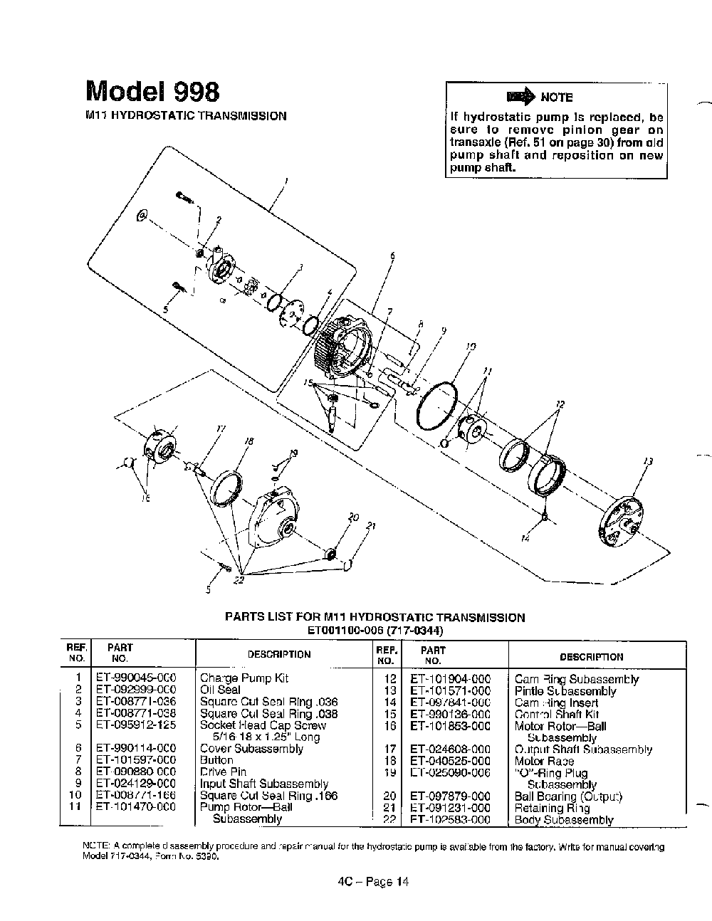 Hydrostatic transmission Diagram and Parts List for 144-998-401  MTD Lawn Tractor