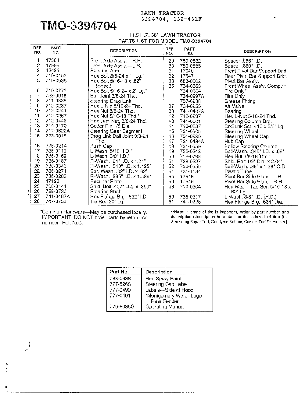 11.5hp 38" lawn tractor page 4 Diagram and Parts List for 3394704  MTD Lawn Tractor