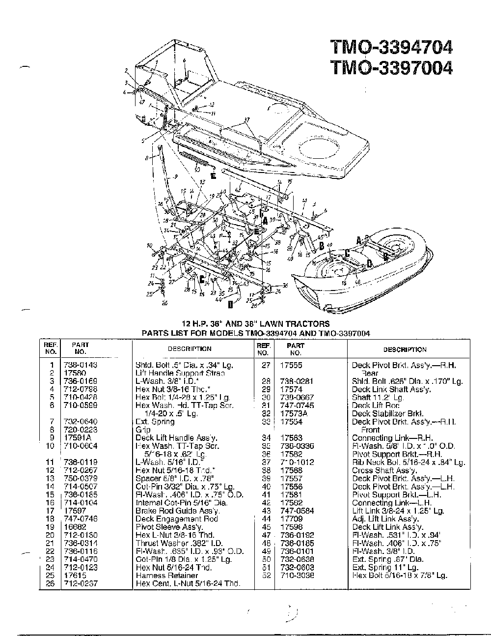 12 hp 38" lawn tractors Diagram and Parts List for 3394704  MTD Lawn Tractor