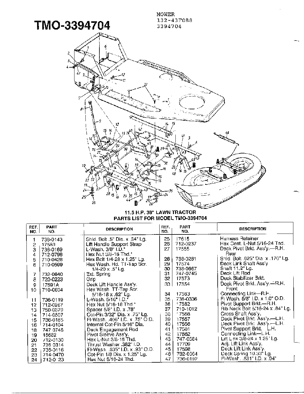 11.5 hp 38" lawn tractor Diagram and Parts List for 3394704  MTD Lawn Tractor