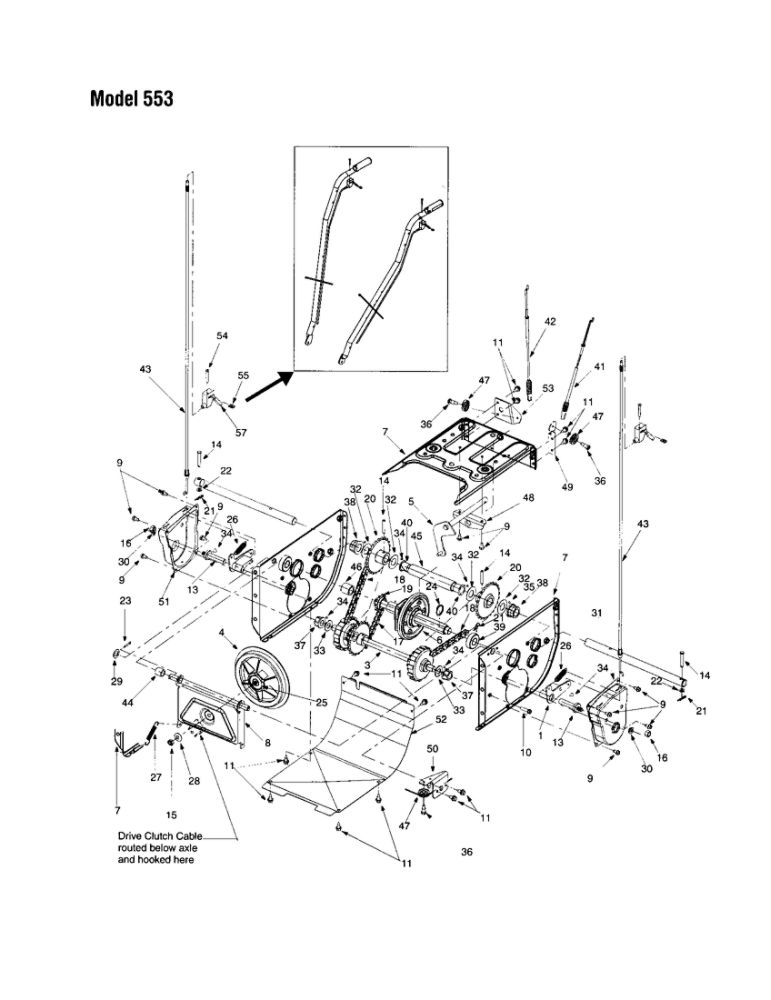 Tranmission Frame Assembly Diagram and Parts List for 553  MTD Snow Blower