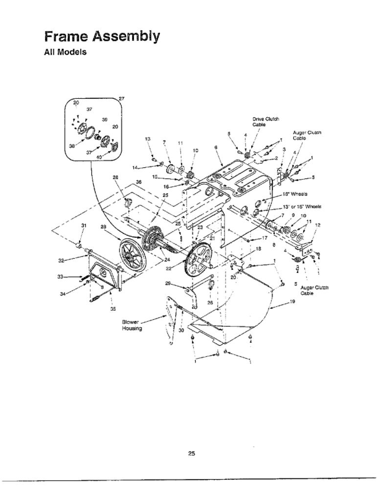 Frame/Wheel Assembly Chart 1 Diagram and Parts List for E664F  MTD Snow Blower