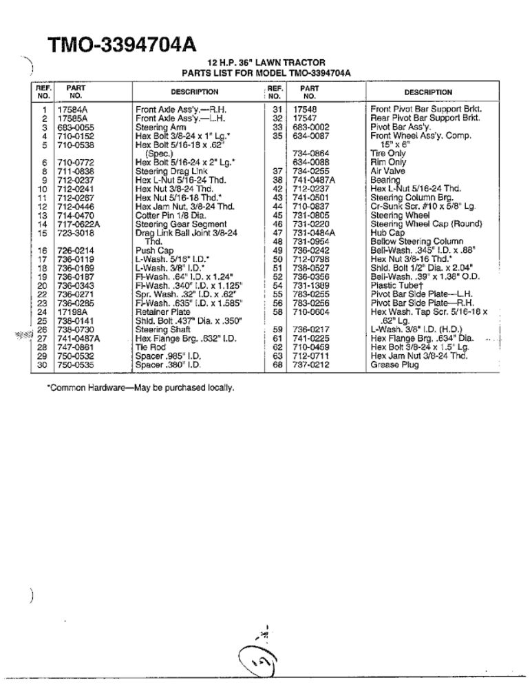 12hp 36-Inch Lawn Tractor 2 Diagram and Parts List for 3394704A  MTD Lawn Tractor