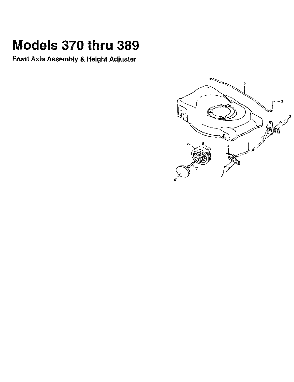 Front axle and height adjuster (models 370 thru 389) Diagram and Parts List for 12A-377B062  MTD Lawn Mower