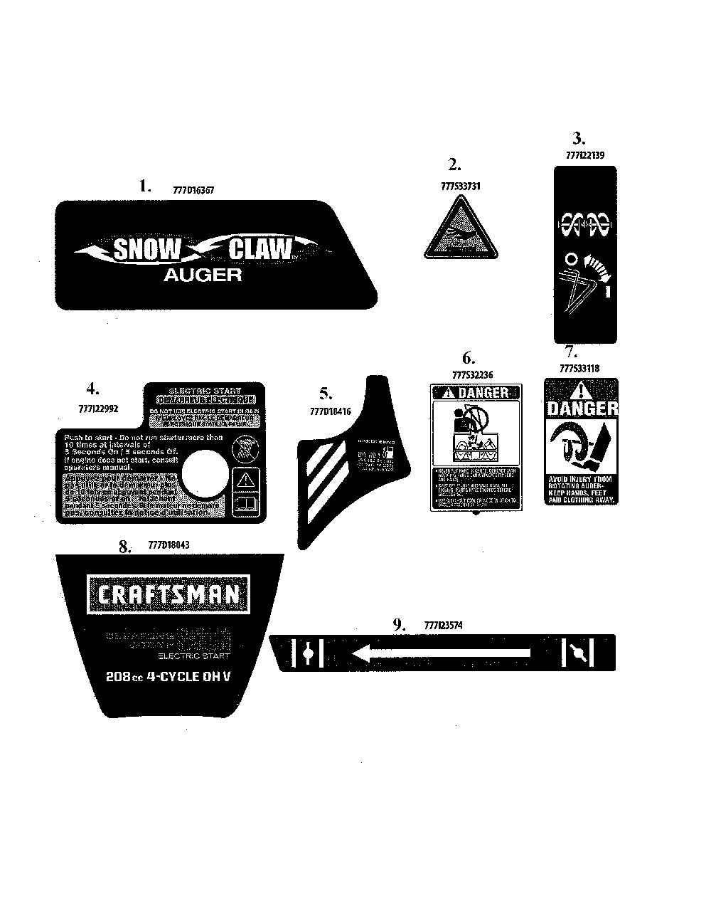Decals Diagram and Parts List for 31AM2T6D799  MTD Snow Blower