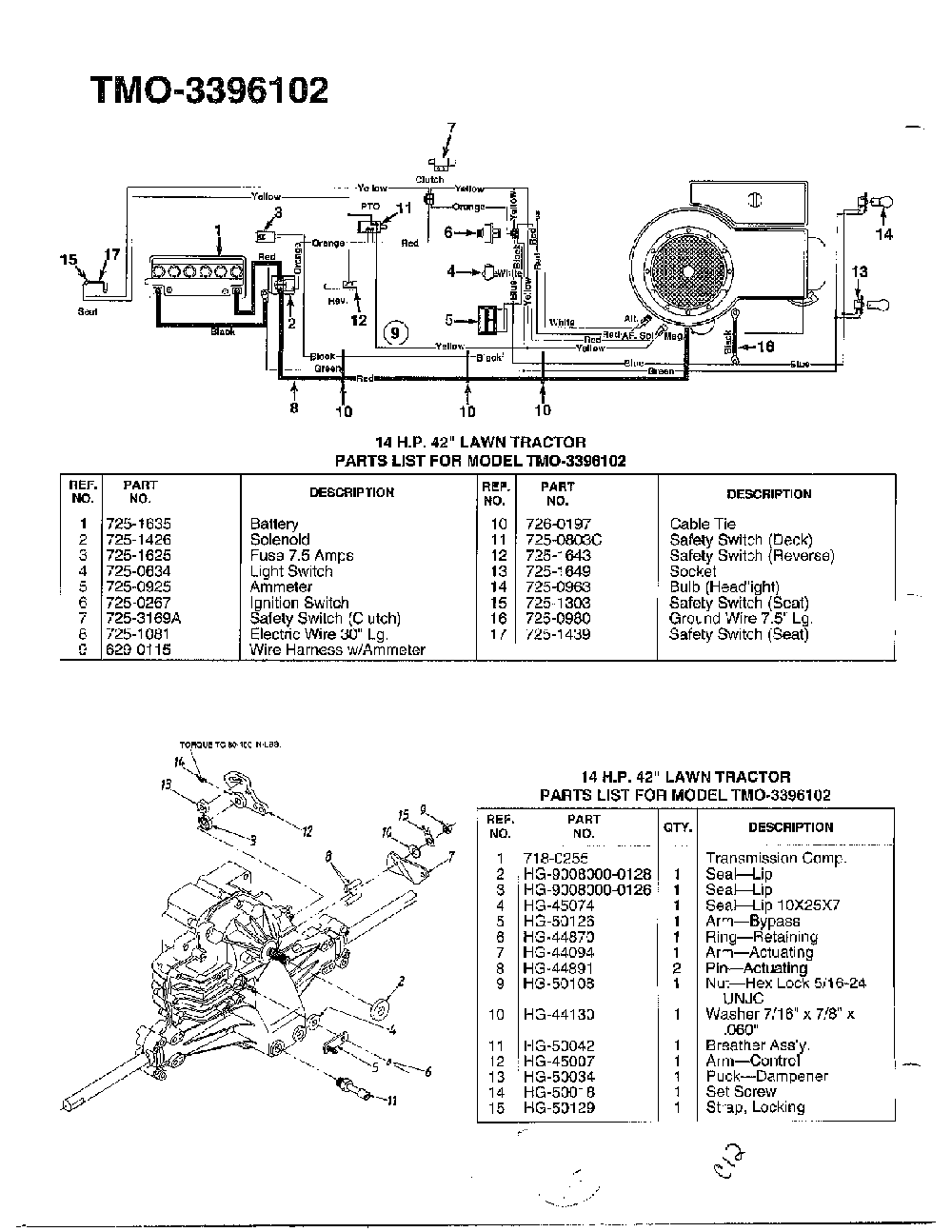 14hp 42" electrical/transmission Diagram and Parts List for 3396102  MTD Lawn Tractor