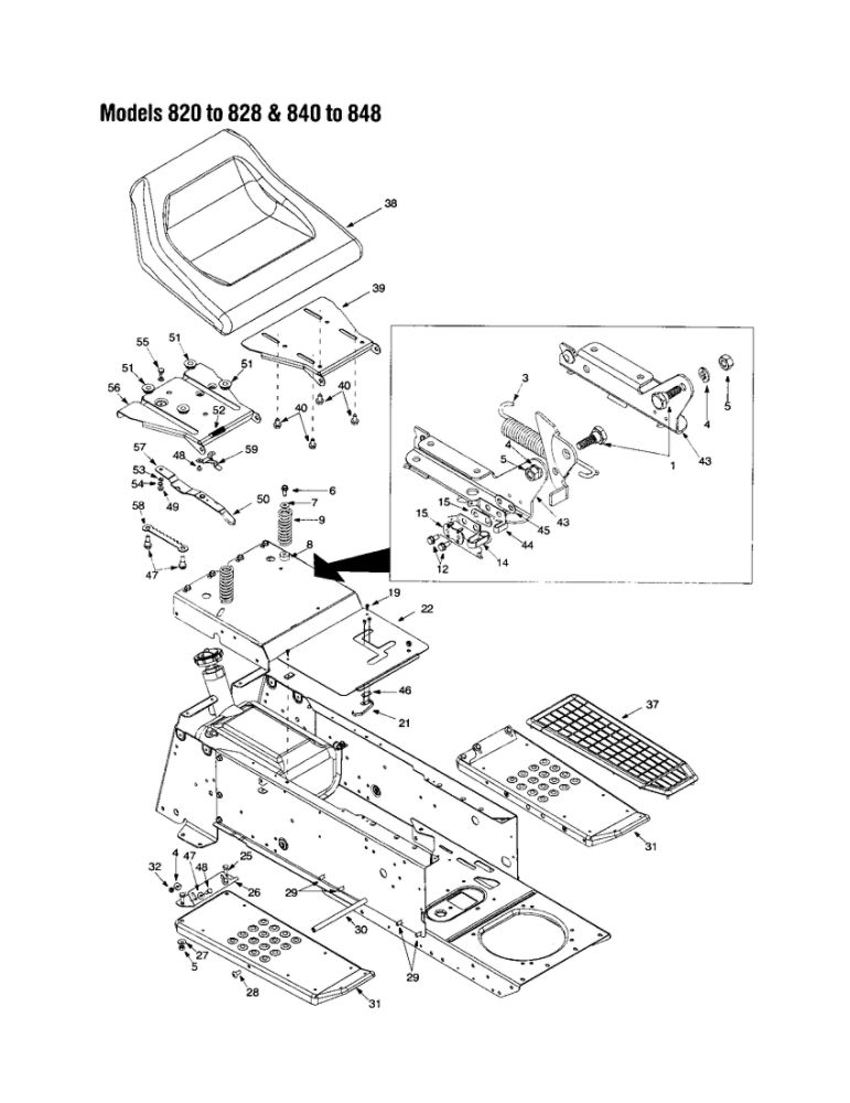 Seat Assembly Diagram and Parts List for 820 THRU 828 MTD Lawn Tractor