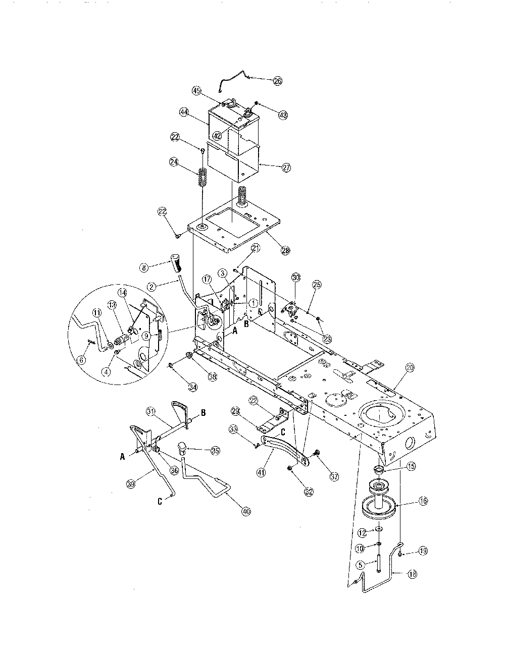 Frame/battery Diagram and Parts List for 13AN771G731  MTD Lawn Tractor