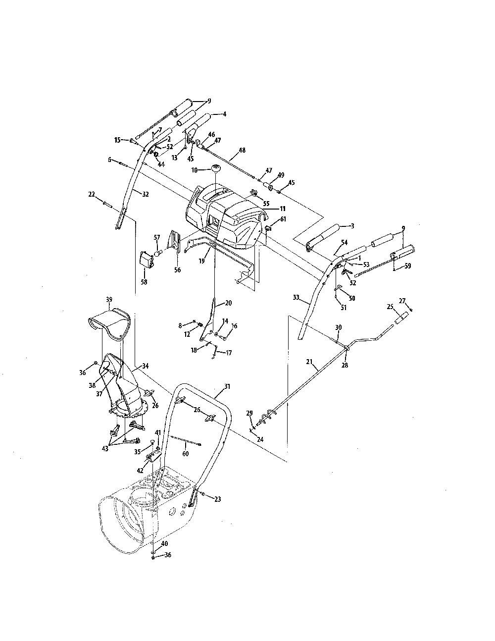 N-style handle/frame/discharge chute Diagram and Parts List for 31BS6FEG731  MTD Snow Blower