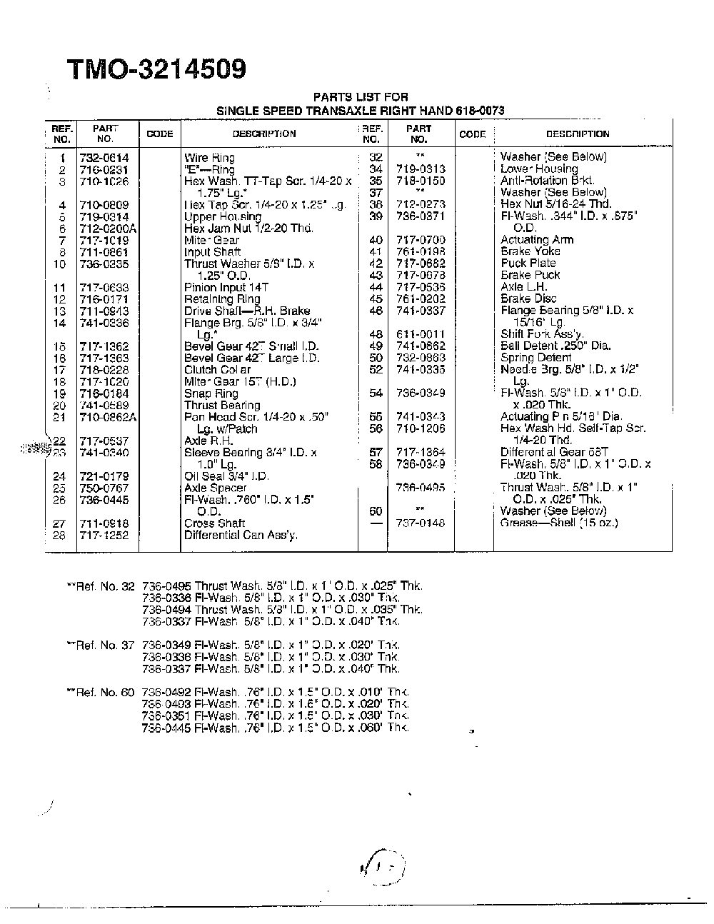 Single speed transaxle page 2 Diagram and Parts List for 3214509  MTD Lawn Tractor