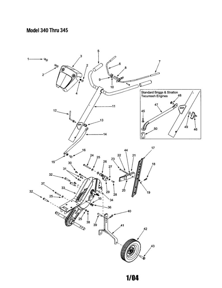 Handle/Frame/Wheel 1 Diagram and Parts List for 21A-342B062  MTD Tiller