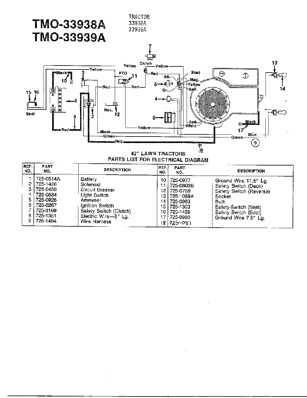 42" lawn mower/electrical diagram Diagram and Parts List for 33939A  MTD Lawn Tractor