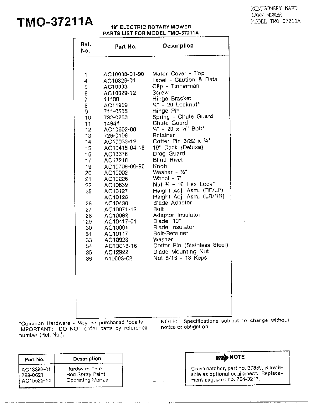 19" electrical mower-deck and blade page 2 Diagram and Parts List for 37211A  MTD Lawn Mower