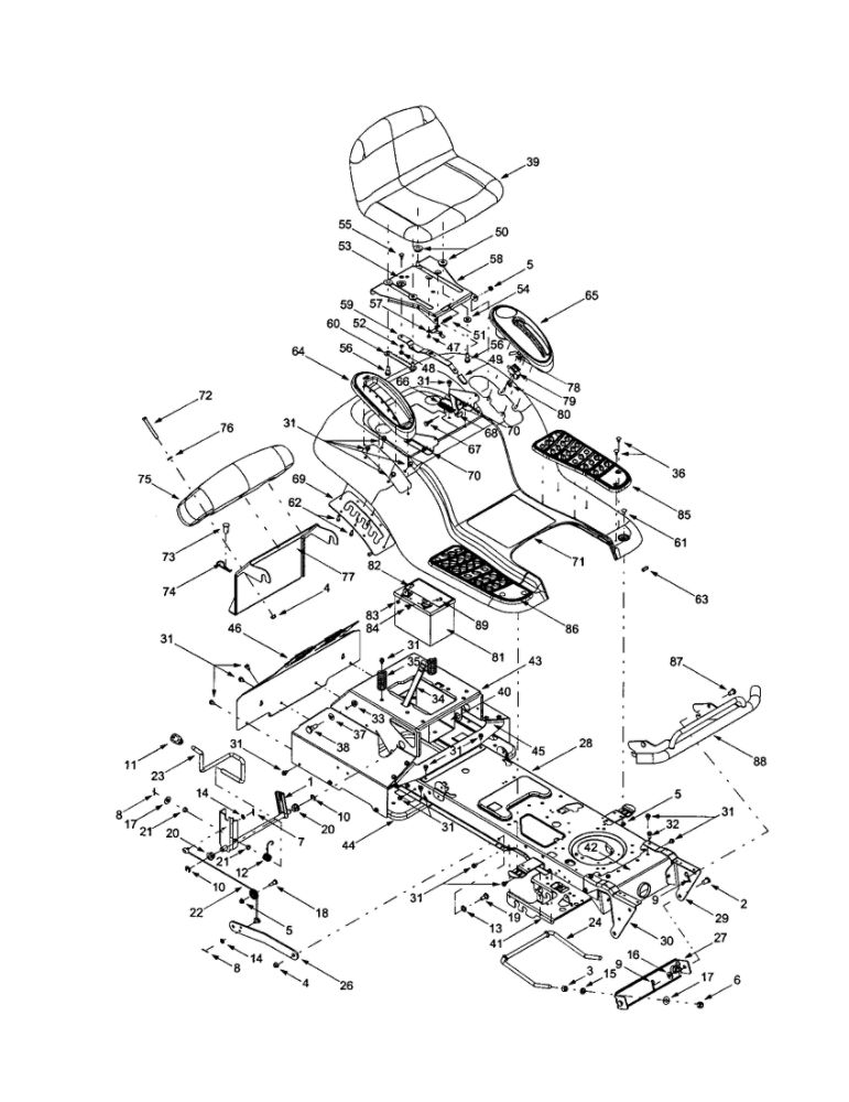 Lift Shaft/Seat/Frame/Battery Diagram and Parts List for 624  MTD Lawn Tractor