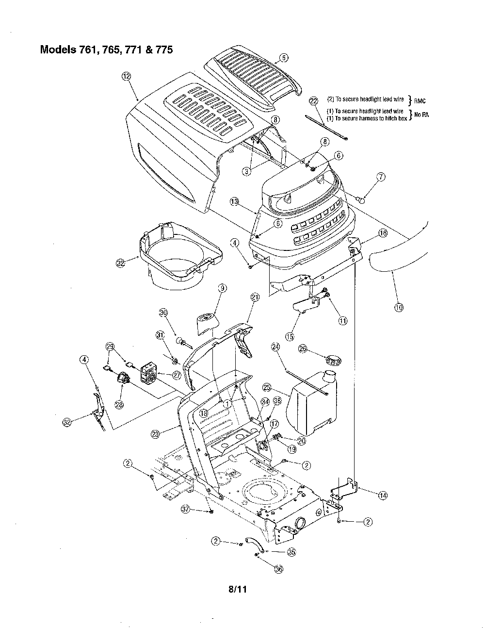Bumper & hood - models 761, 765, 771, 775 Diagram and Parts List for 13RN771H729  MTD Lawn Tractor