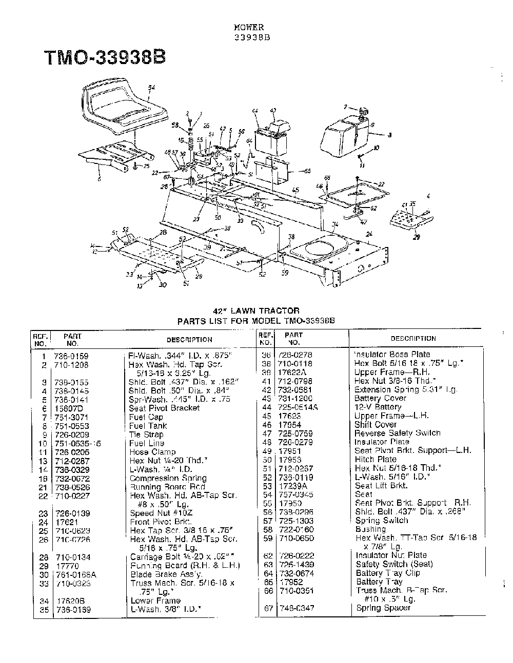 42" lawn tractor Diagram and Parts List for 33938B  MTD Lawn Mower
