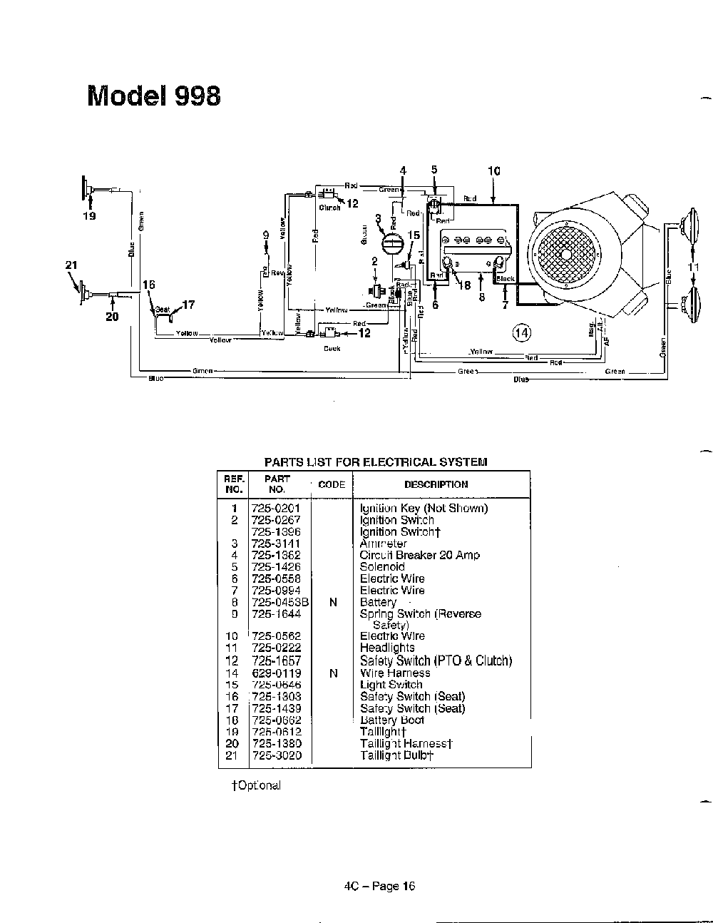 Electrical system Diagram and Parts List for 144-998-401  MTD Lawn Tractor