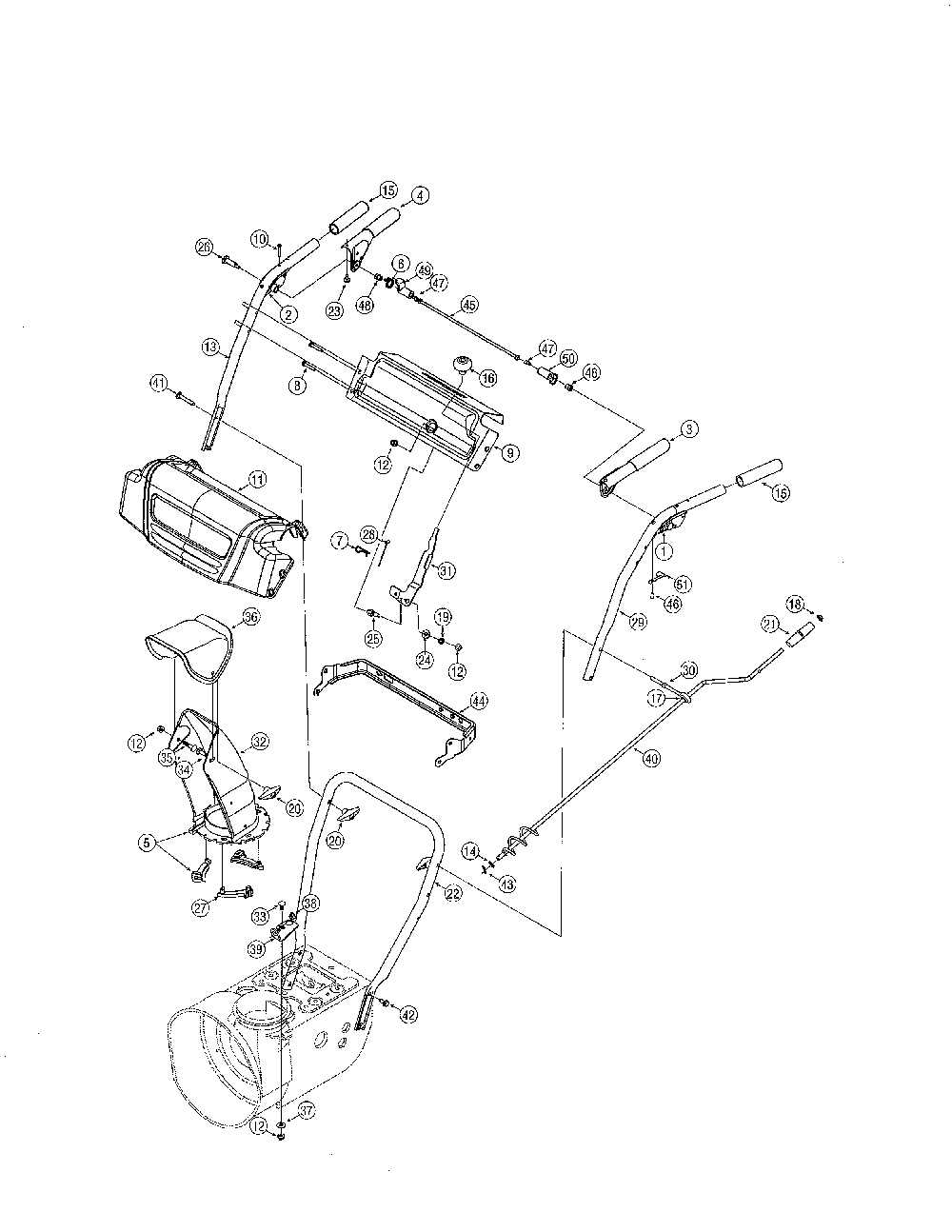 Handles/chute Diagram and Parts List for 31AS62EE799  MTD Snow Blower