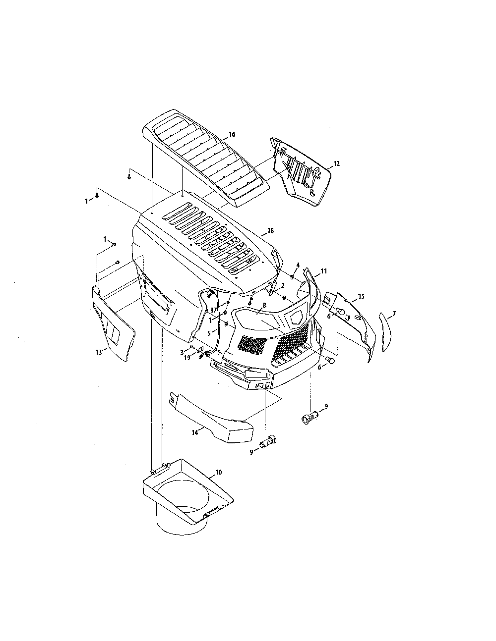 Hood/grill/plenum Diagram and Parts List for 13BQA1ZT099  MTD Lawn Tractor
