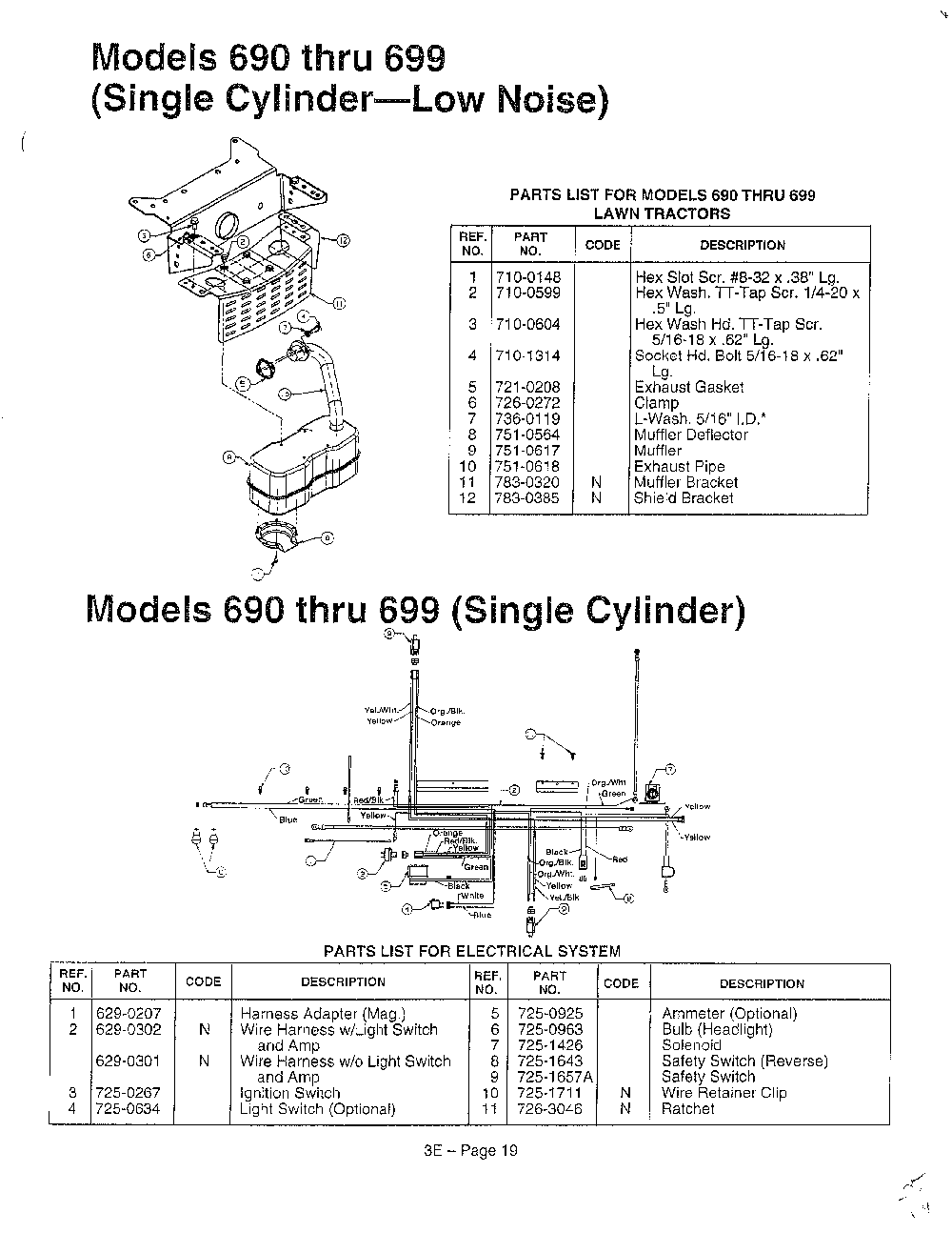 Models 690-699 and electrical Diagram and Parts List for 3650002  MTD Lawn Tractor