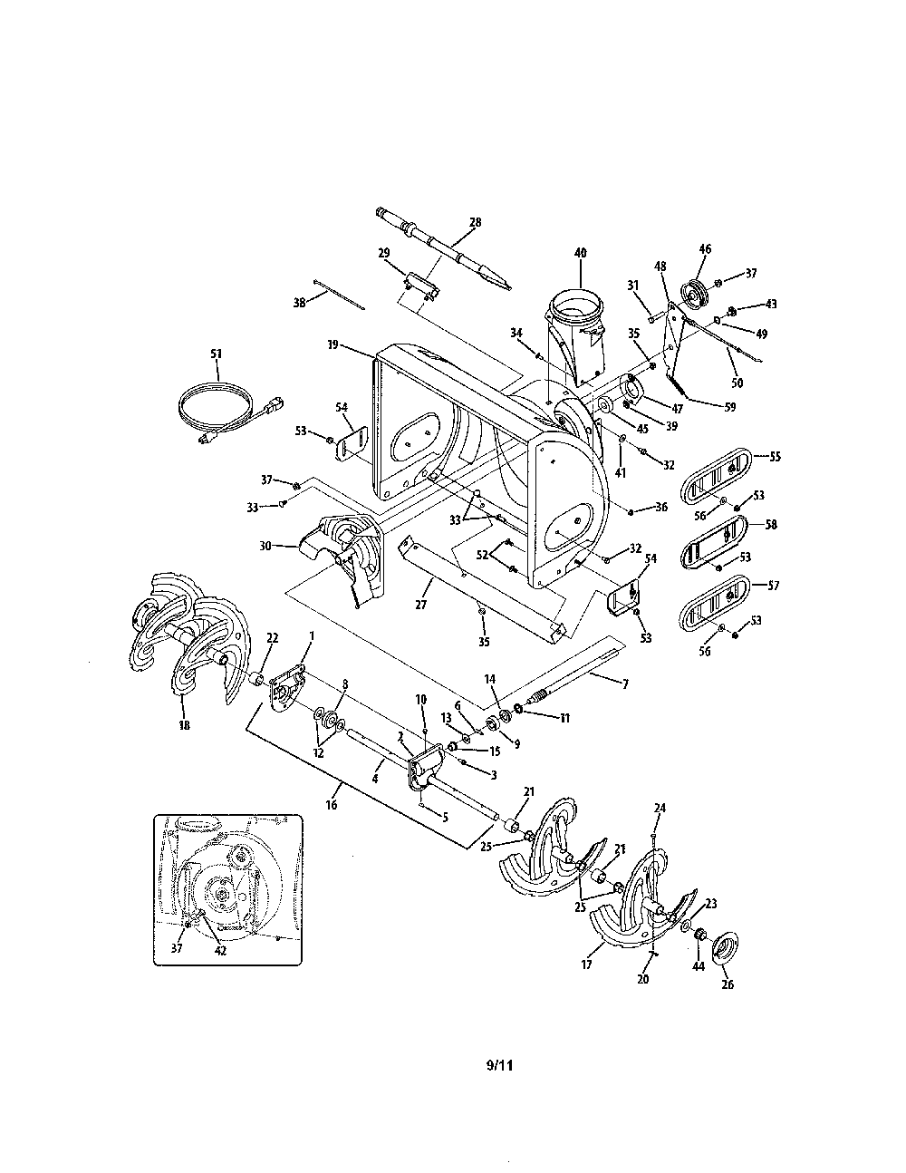 Auger & housing Diagram and Parts List for 31A-62EE729  MTD Snow Blower