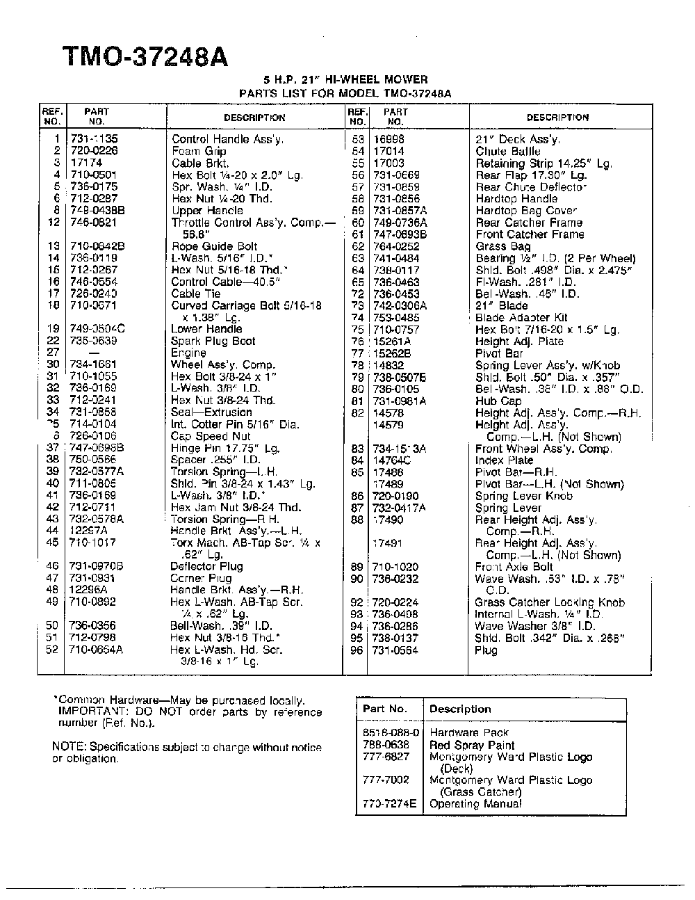 5hp 21" hi-wheel mower page 2 Diagram and Parts List for 37248A  MTD Lawn Mower