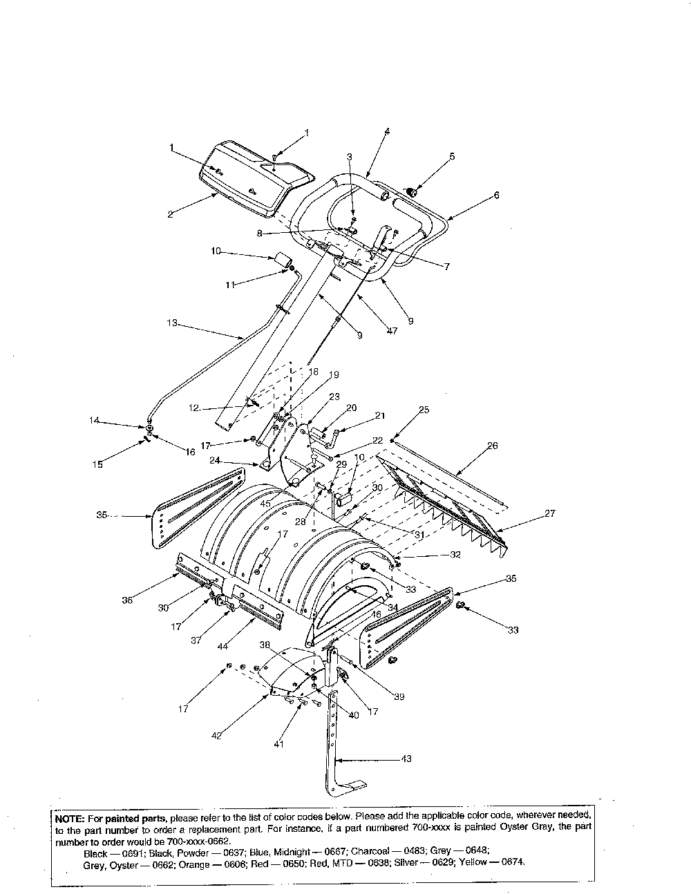 Shield & handle Diagram and Parts List for 21AA413J052  MTD Tiller