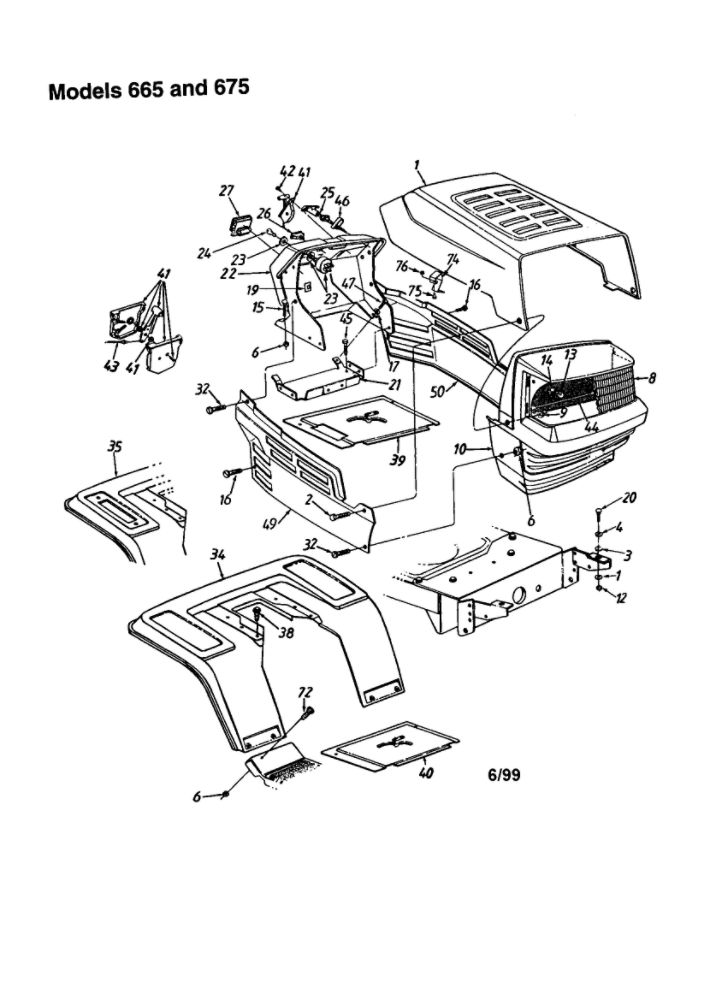 Grille/Hood And Fender Diagram and Parts List for 665  MTD Lawn Tractor